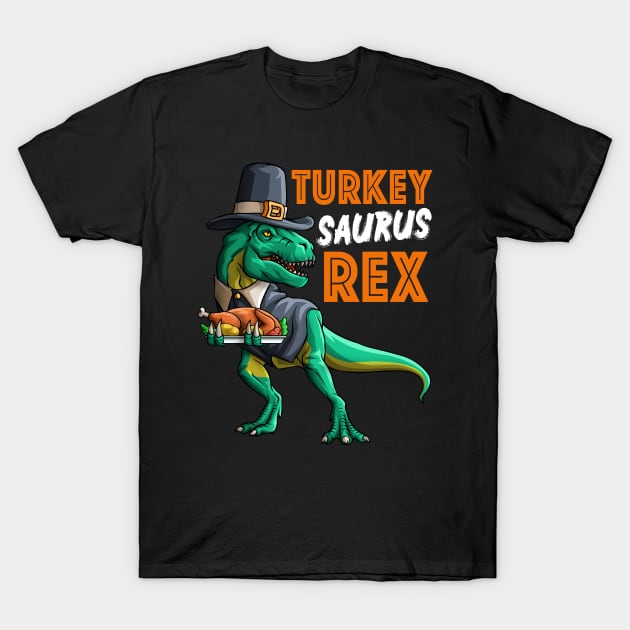 Turkey Saurus Rex Funny Thanksgiving Dinosaur Pilgrim Kids T-Shirt by Blink_Imprints10